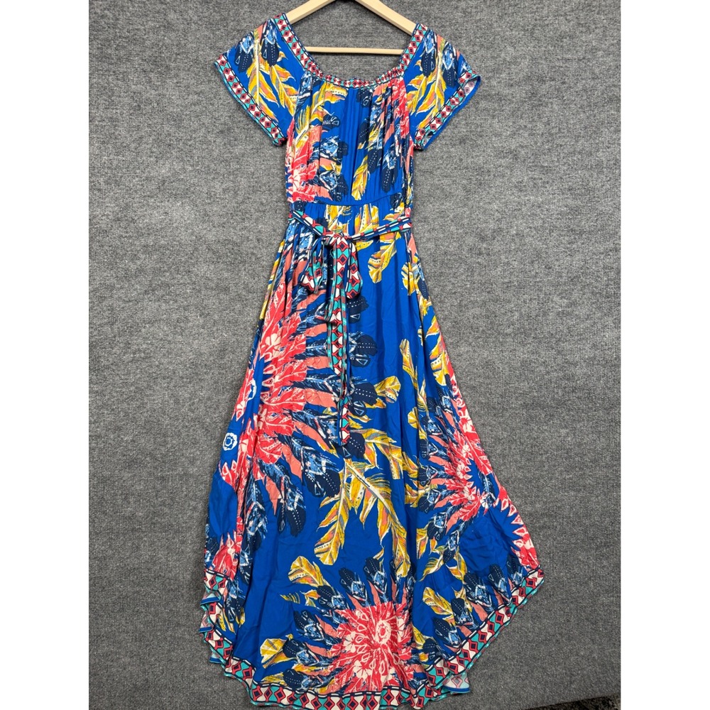 Flying‎ Tomato Size Medium Maxi Dress Blue Floral Tropical High Low Tie Waist - Picture 2 of 9